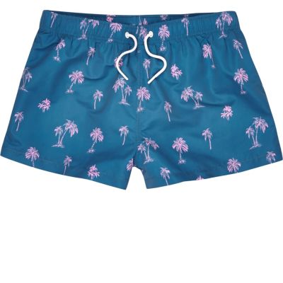 Blue palm print slim fit swim shorts